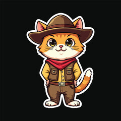 Cute Cat wear Cowboy Uniform Vector Printable for T-shirt, Children Kids funny Cartoon Illustration
