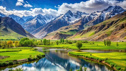 Beautiful landscape of Kargil valley in Srinagar, Jammu Kashmir, India showcasing lush green fields