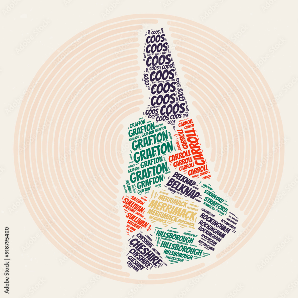 Poster new hampshire round poster. typography style image of state. counties word clouds of new hampshire. 