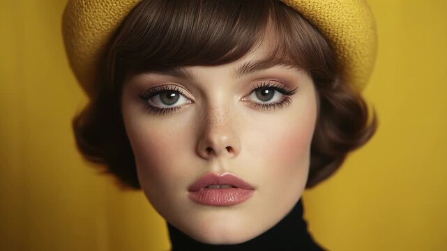 Woman with striking features in yellow beret and black turtleneck. Soft lighting accentuates flawless skin, bold makeup, and retro-styled hair against vibrant yellow background. 