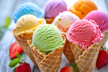  Assorted fruity flavored ice cream cones - colorful frozen desserts in waffle cones