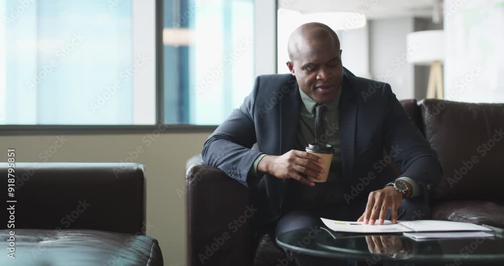 Poster phone call, smile and businessman on sofa for communication and networking for b2b deal. technology,