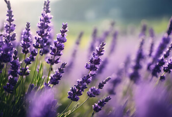 Naklejka premium A close-up view of blooming lavender flowers in a field, with soft sunlight illuminating the purple petals. The background is softly blurred, creating a dreamy atmosphere.
