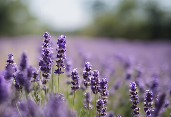 Naklejka premium A close-up view of blooming lavender flowers in a field, with soft sunlight illuminating the purple petals. The background is softly blurred, creating a dreamy atmosphere.