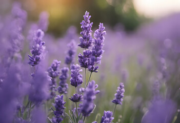 Fototapeta premium A close-up view of blooming lavender flowers in a field, with soft sunlight illuminating the purple petals. The background is softly blurred, creating a dreamy atmosphere.
