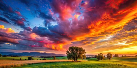 Vibrant landscape with dramatic sky , nature, clouds, sunlight, horizon, outdoors, environment, picturesque
