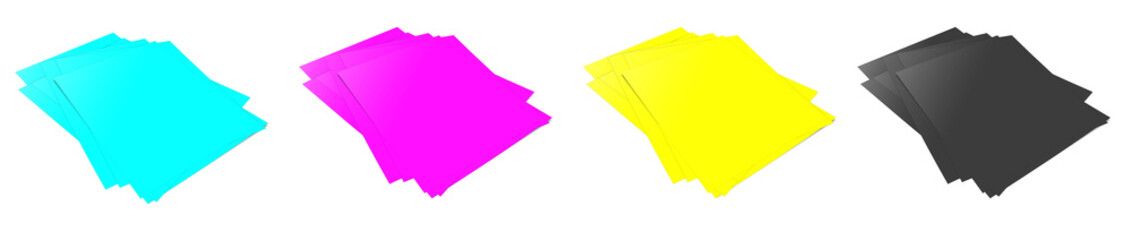 Four CMYK Reports blank template black, cyan, yellow, magenta for presentation layouts and design. 3D rendering.