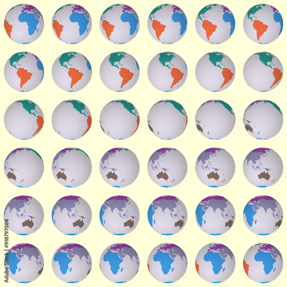 Poster collection of globes. normal sphere view. rotation step 10 degrees. colored continents style. world 
