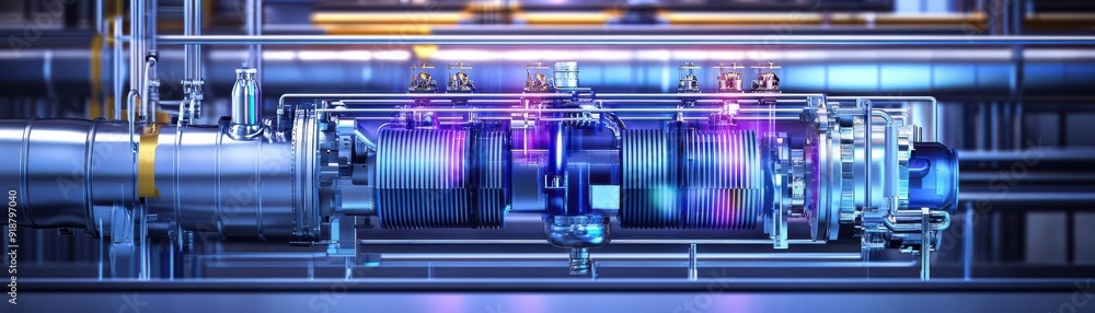 Poster a futuristic machine showcasing intricate engineering and advanced technology with pipes and glowing
