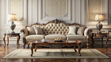 Elegant living room featuring a classic sofa and antique coffee table, elegant