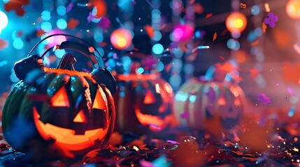 Halloween disco music headphone wielding pumpkins in a nightclub with confetti and abstract light defocused
