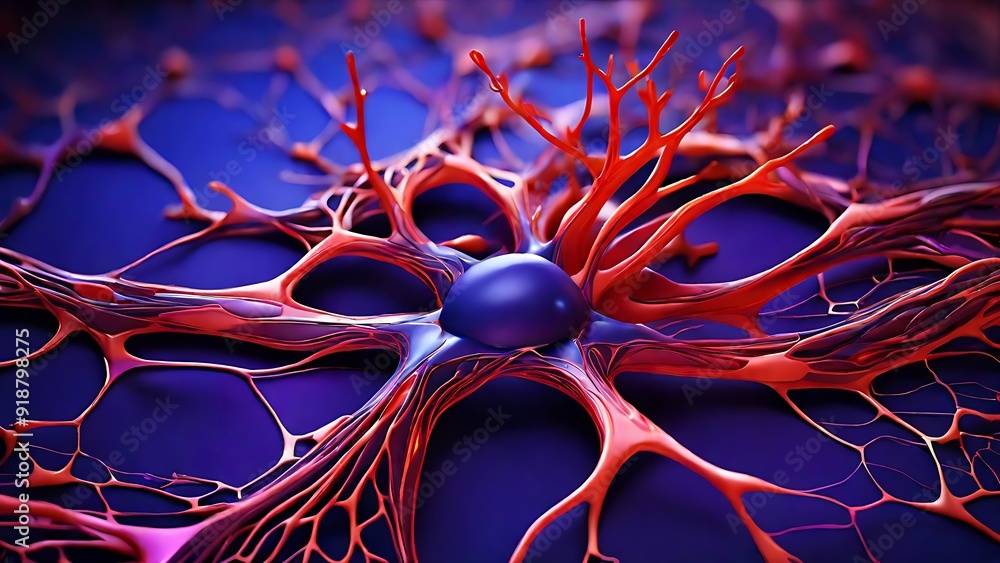 Poster red neuron with branching axons and dendrites on purple background. suitable for science and medical