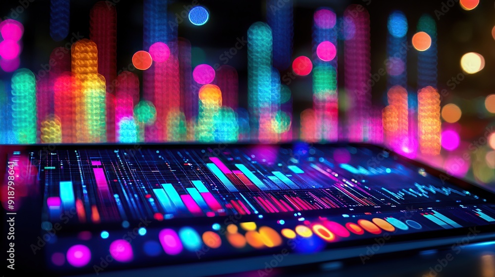 Poster professional analyzing data on a tablet with urban bokeh lights