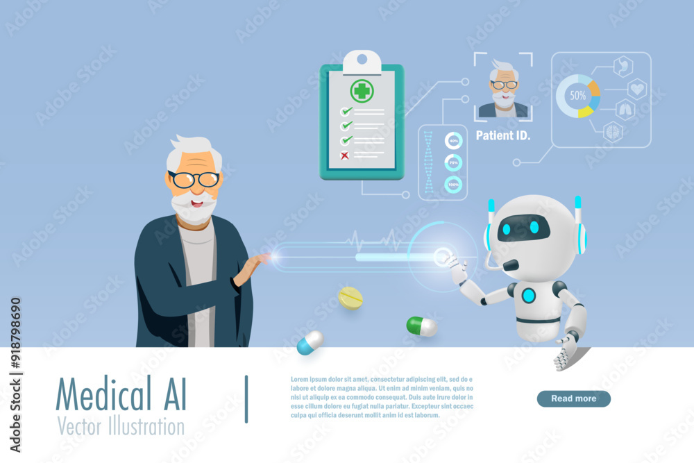 Poster ai robot analyzing patient data and generates personalized medicine for senior patient. implement of