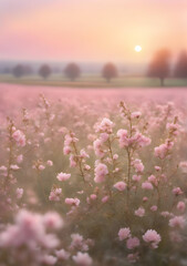 A flowery field a field full of pink flowers in the daytime clouds in the sky Flowering flowers a symbol of spring new life
