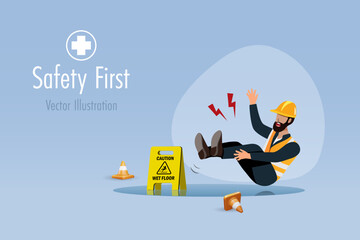 Construction worker slip and fall on wet floor. Safety first, accident caution at construction site. Vector.
