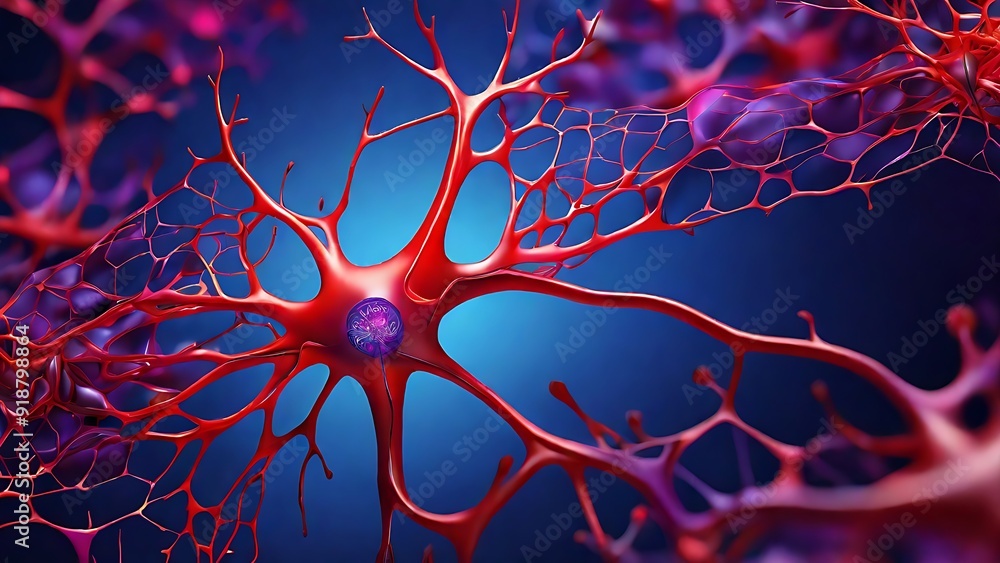 Poster red neuron with branching axons and dendrites on purple background. suitable for science and medical