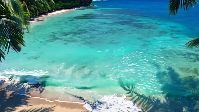 Tranquil beach scene with palm trees swaying in the breeze and turquoise waters lapping the shore.