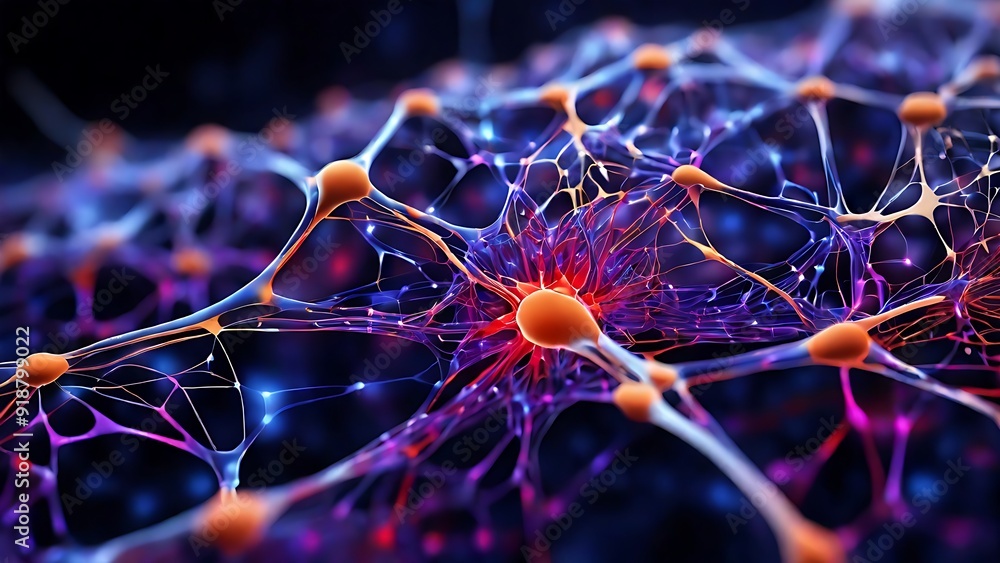 Poster red neuron with branching axons and dendrites on purple background. suitable for science and medical