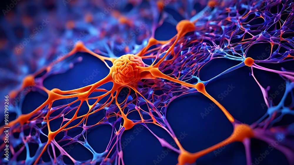 Poster red neuron with branching axons and dendrites on purple background. suitable for science and medical