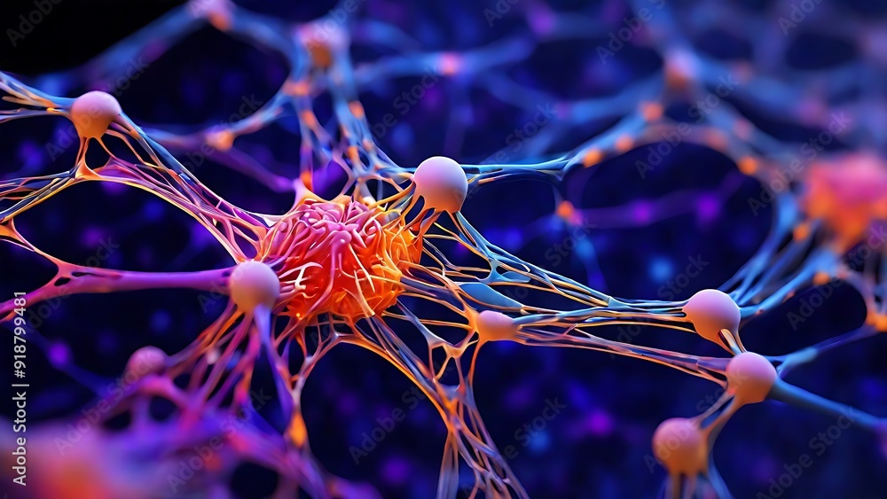Poster red neuron with branching axons and dendrites on purple background. suitable for science and medical