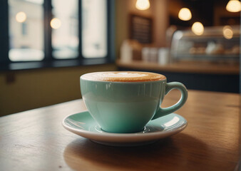 Hot cup of coffee on table inside a small cafe