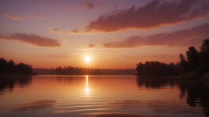 Obraz premium Serene Sunset Over a Calm Lake, Peaceful Nature Scene with Reflections