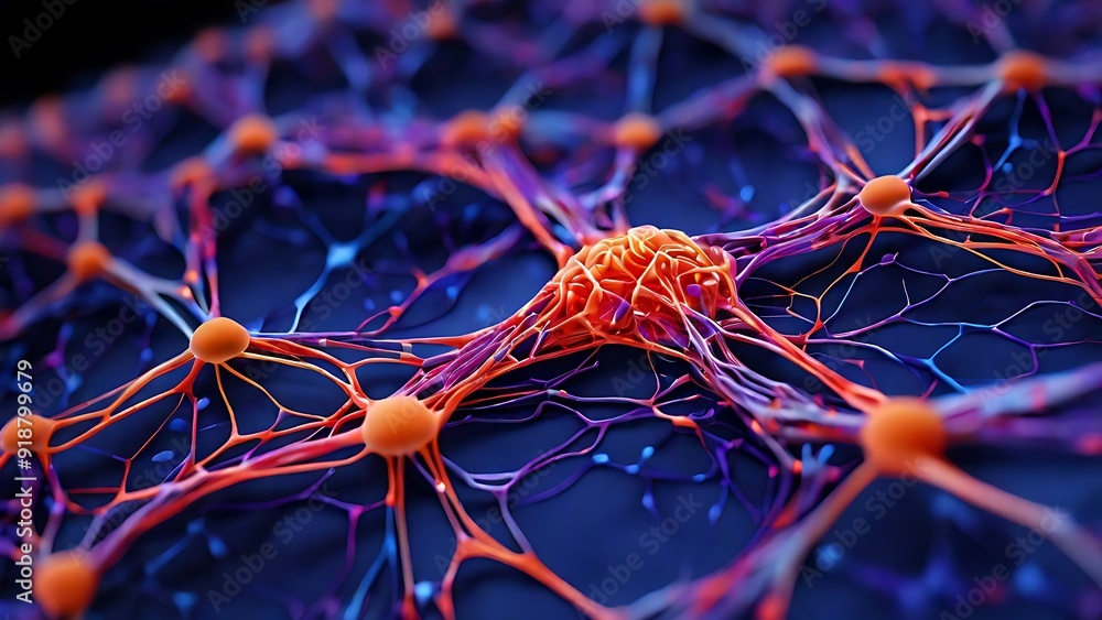Poster red neuron with branching axons and dendrites on purple background. suitable for science and medical