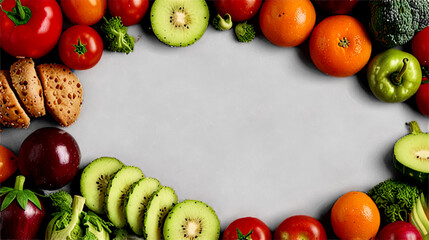 Healthy food vegetarian food background. Frame of fresh vegetables and fruits on white background top view