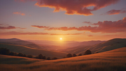 Fototapeta premium Majestic Sunset Over Rolling Hills, Scenic Nature Landscape with Golden Light