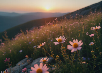 Mountain wildflowers with a sunset backdrop