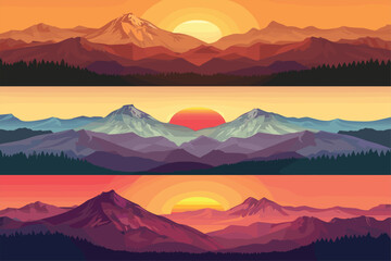 Naklejka premium Set of mountains landscape at sunset vector illustration. Panoramic landscape backgrounds. Sunset and sunrise background illustration. 