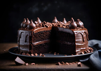Decadent and rich chocolate cake on a plate.