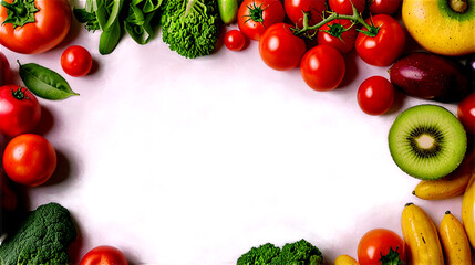 Healthy food vegetarian food background. Frame of fresh vegetables and fruits on white background top view