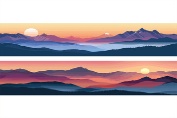 Set of mountains landscape at sunset vector illustration. Panoramic landscape backgrounds. Sunset and sunrise background illustration. 