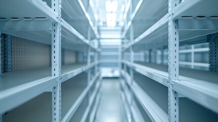 Empty white metal shelves in storage room : Generative AI