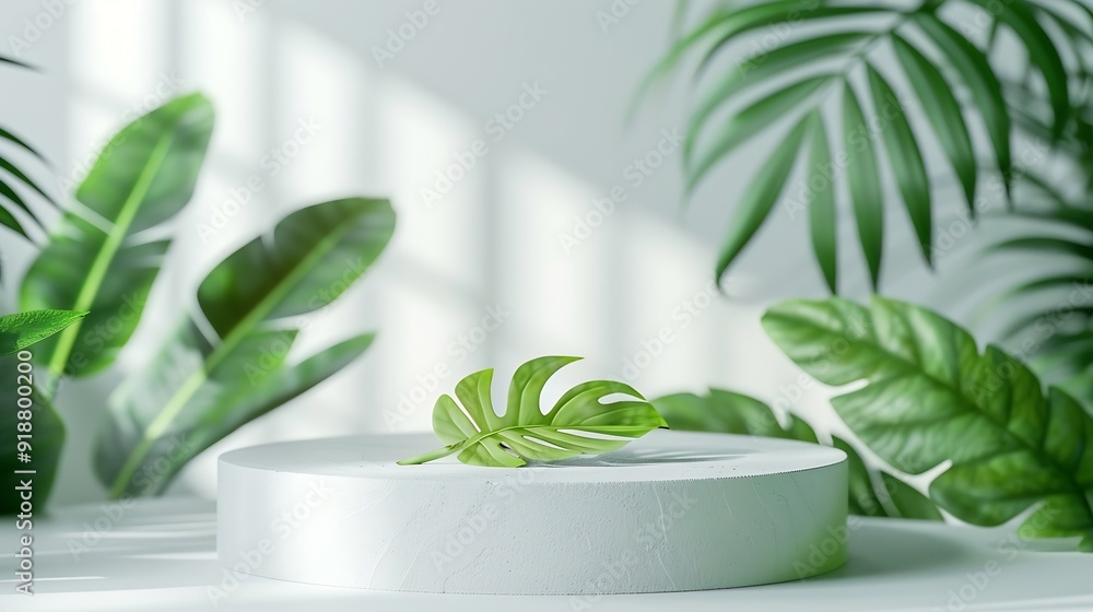 Aufkleber creative concept of minimalism with leaf and plaster podium blank space on white podiums for present