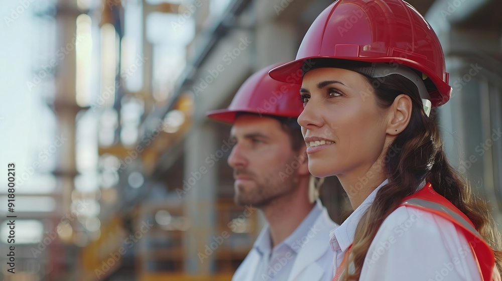 Poster Engineer and female foreman worker team checking project at precast factory site Engineer and builders in hardhats discussing on construction site : Generative AI
