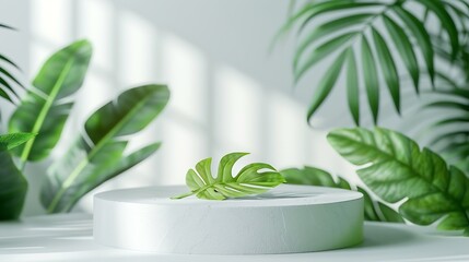 Creative concept of minimalism with leaf and plaster podium Blank space on white podiums for presentation product and green leaves on a white background Summer theme Scene for advertis : Generative AI