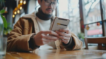 CU Man is using his smartphone in the cafe Online banking card wallet loyalty application blank screen phone mockup : Generative AI