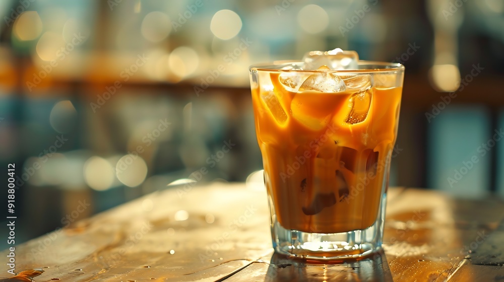 Poster iced coffee with ice cubes in a glass on the table : generative ai