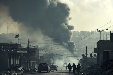 Fototapeta premium Dramatic scene of smoke rising after devastating air strikes in the urban area