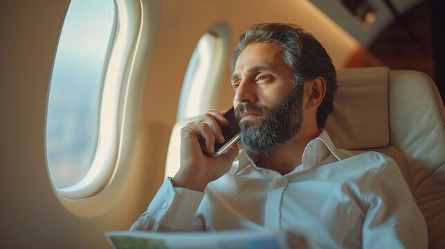 Handsome pensive middle eastern businessman talking on mobile phone holding financial report working with documents sitting in plane Confident entrepreneur flying private jet successfu : Generative AI
