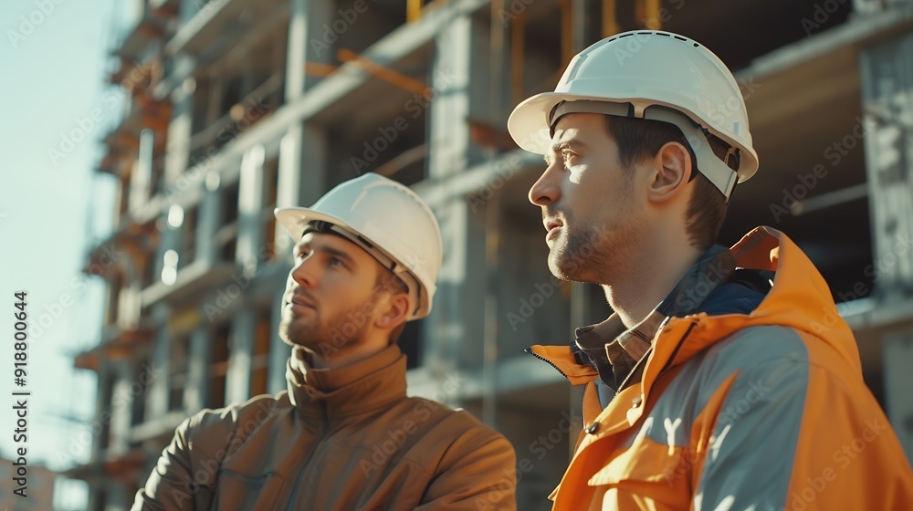 Poster Engineer and foreman worker checking project at precast factory site Engineer and builders in hardhats discussing on construction site : Generative AI