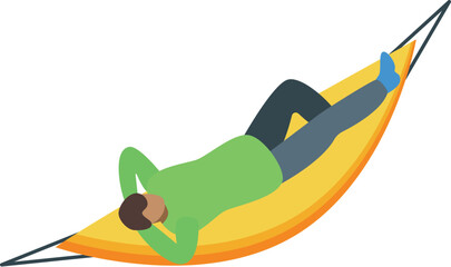Young man is lying down on a yellow hammock, enjoying a moment of peace and tranquility