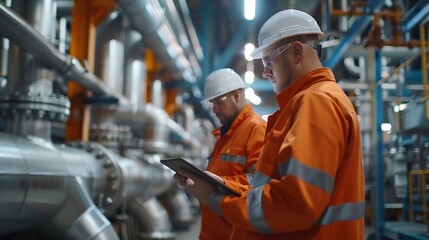 Heavyduty industrial engineers stand in a pipeline manufacturing facility using digital tablet computers for the construction of products to transport oil gas and fuel : Generative AI