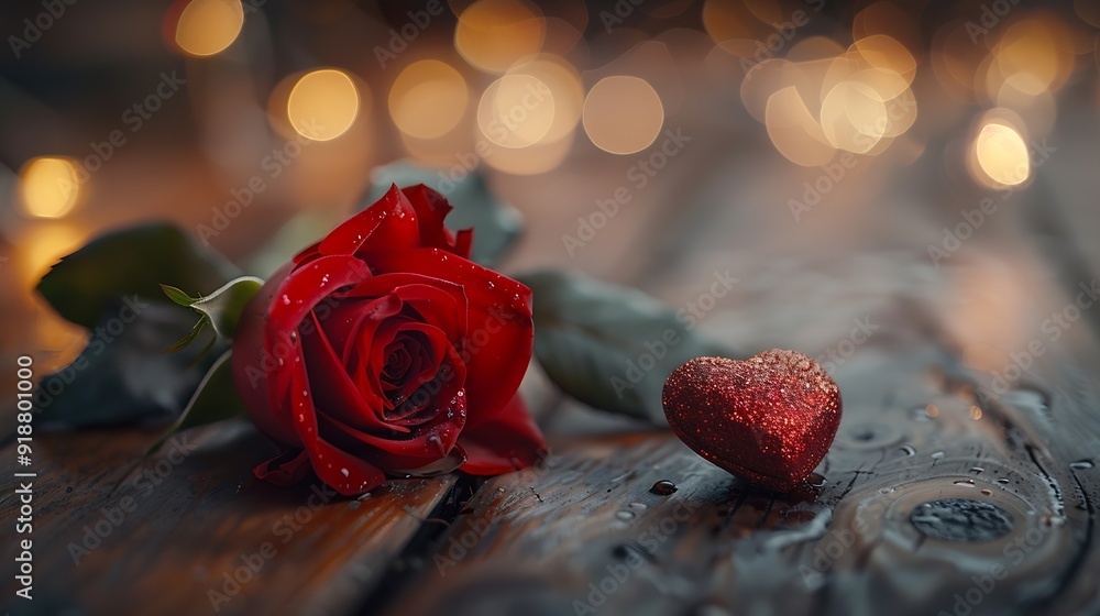 Poster valentine day composition with rose flower and red heart on table top view flat lay copy space holid
