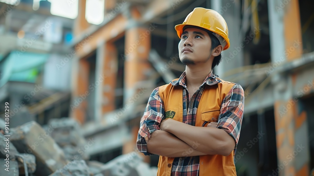Leinwandbilder Man construction engineer wears helmet ensure safety when working in construction zone standing on pile rocks looking checking for completeness in case there is error so that it can be : Generative AI