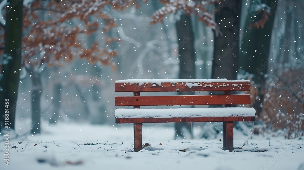 Poster bench covered with snow in frozen forest empty bench in snowy park winter weather wooden bench in pa