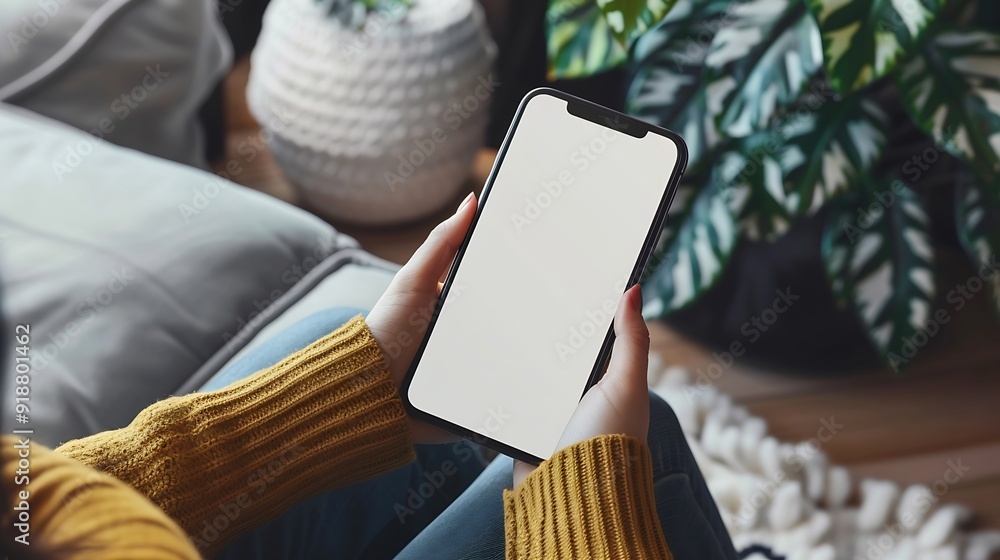 Poster mockup image of a woman holding and using mobile phone with blank desktop white screen at home : gen